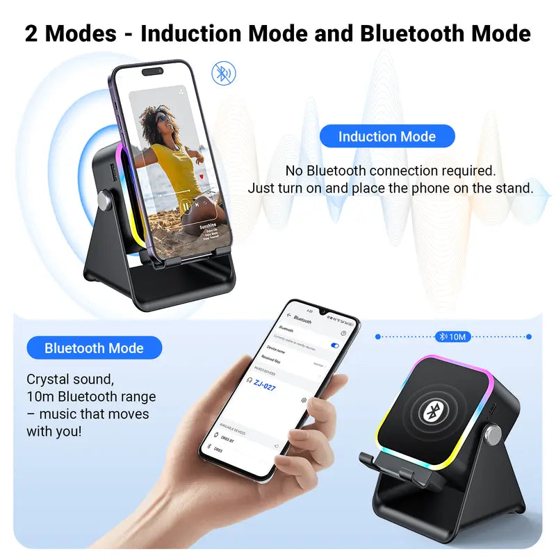 5-in-1 Smart Wireless Bluetooth Speaker – Auto Phone Playback, RGB Light, Adjustable Stand & Power Bank
