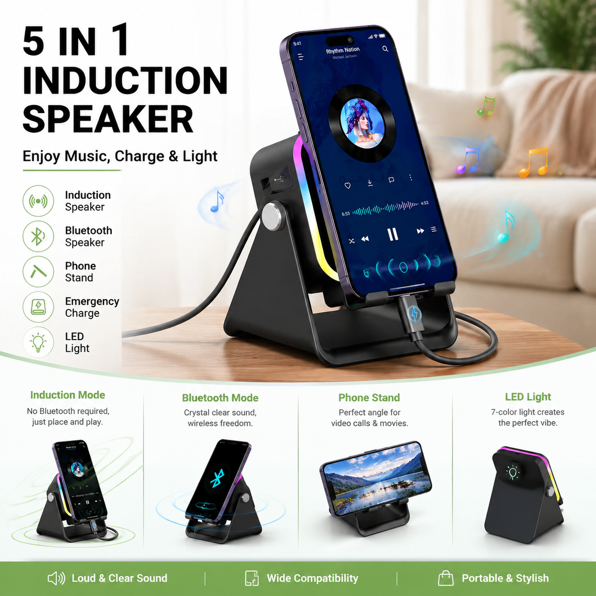 5-in-1 Smart Wireless Bluetooth Speaker – Auto Phone Playback, RGB Light, Adjustable Stand & Power Bank