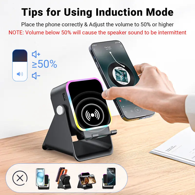 5-in-1 Smart Wireless Bluetooth Speaker – Auto Phone Playback, RGB Light, Adjustable Stand & Power Bank