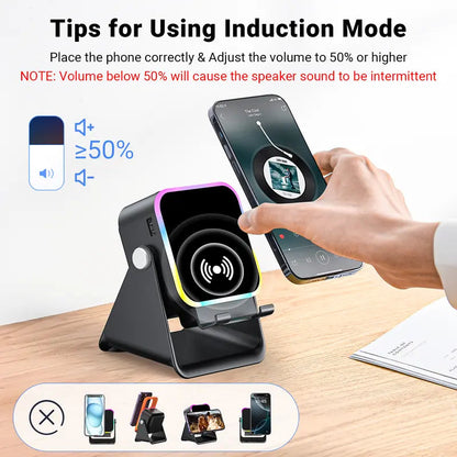5-in-1 Smart Wireless Bluetooth Speaker – Auto Phone Playback, RGB Light, Adjustable Stand & Power Bank