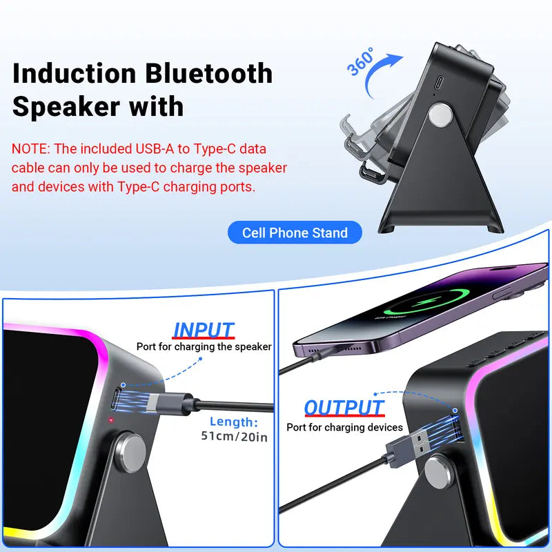 5-in-1 Smart Wireless Bluetooth Speaker – Auto Phone Playback, RGB Light, Adjustable Stand & Power Bank