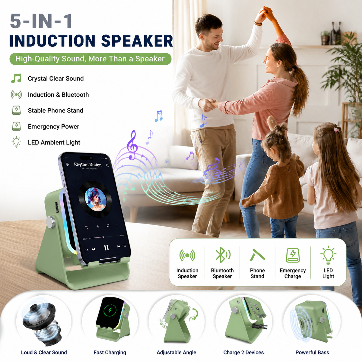 5-in-1 Smart Wireless Bluetooth Speaker – Auto Phone Playback, RGB Light, Adjustable Stand & Power Bank