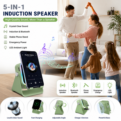 5-in-1 Smart Wireless Bluetooth Speaker – Auto Phone Playback, RGB Light, Adjustable Stand & Power Bank