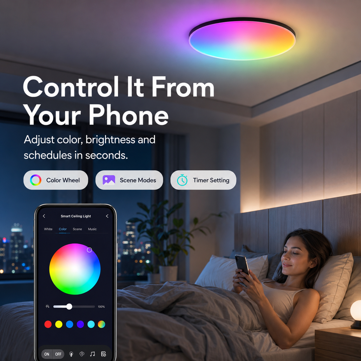 Rechargeable Motion Sensor Shower Light – IP65 Waterproof RGB Ceiling Light with 10000mAh Battery