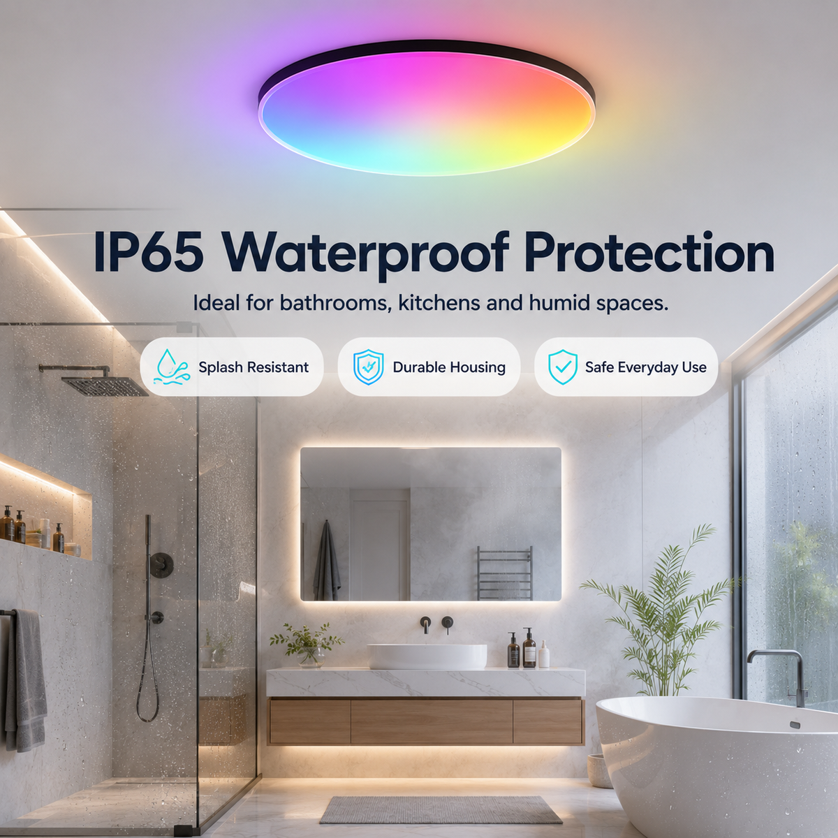 Rechargeable Motion Sensor Shower Light – IP65 Waterproof RGB Ceiling Light with 10000mAh Battery
