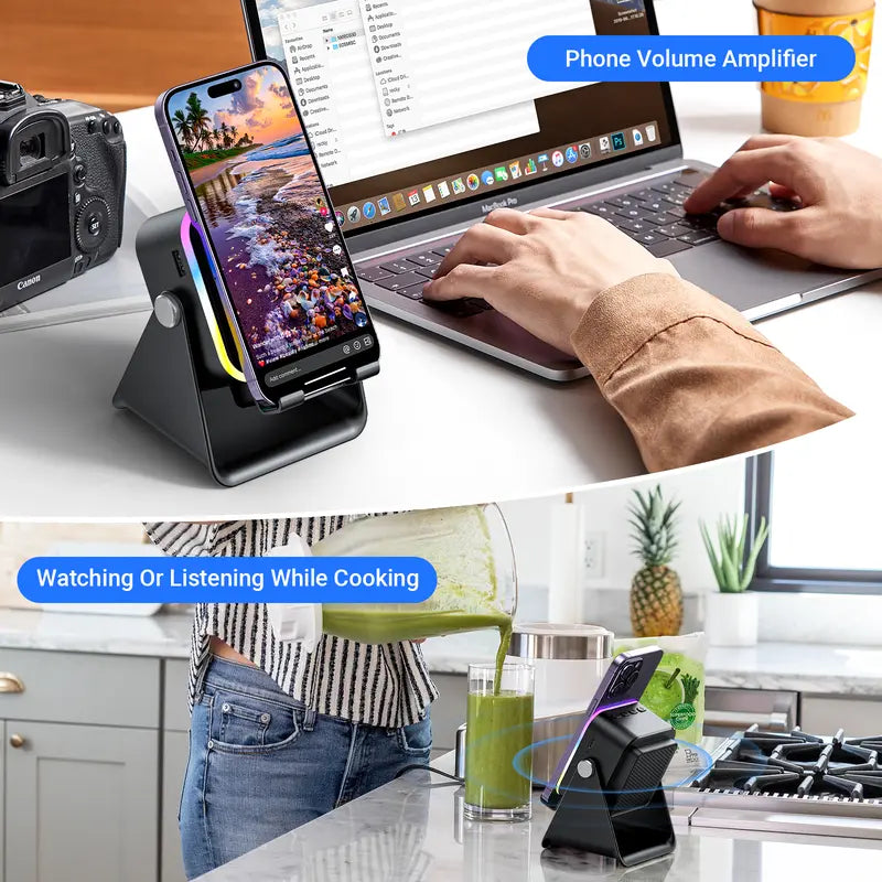 5-in-1 Smart Wireless Bluetooth Speaker – Auto Phone Playback, RGB Light, Adjustable Stand & Power Bank