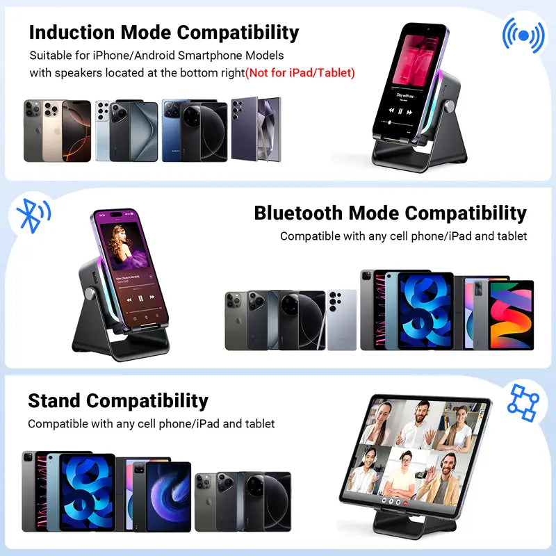 5-in-1 Smart Wireless Bluetooth Speaker – Auto Phone Playback, RGB Light, Adjustable Stand & Power Bank