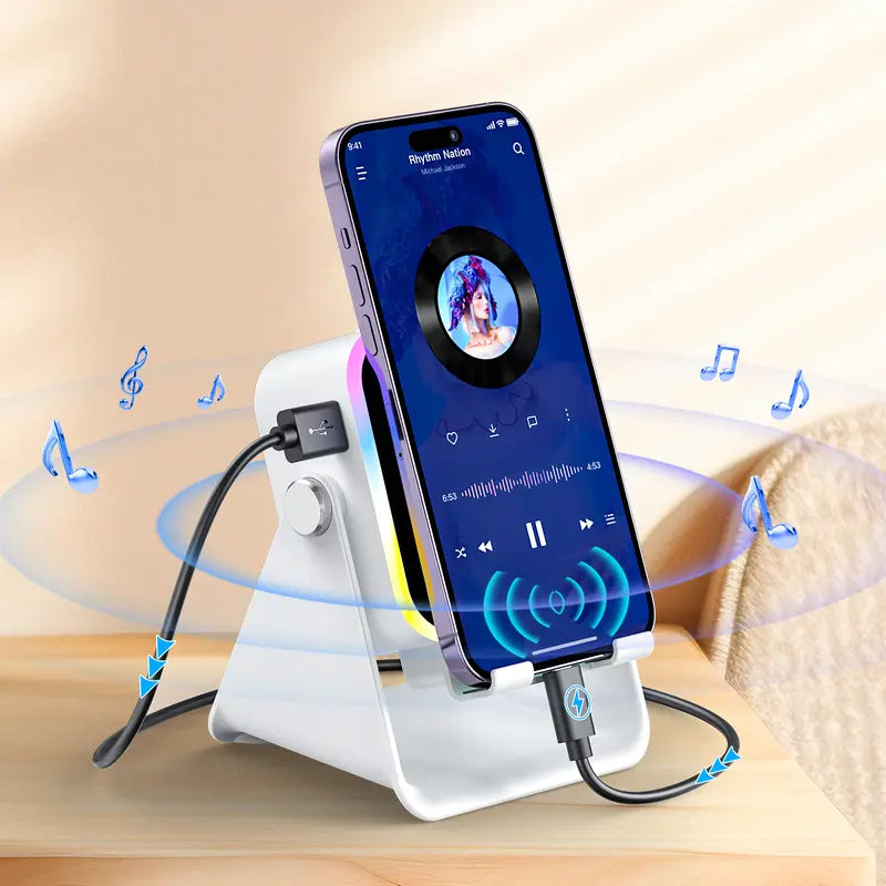5-in-1 Smart Wireless Bluetooth Speaker – Auto Phone Playback, RGB Light, Adjustable Stand & Power Bank