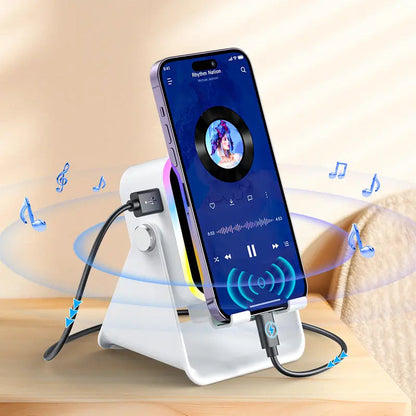 5-in-1 Smart Wireless Bluetooth Speaker – Auto Phone Playback, RGB Light, Adjustable Stand & Power Bank